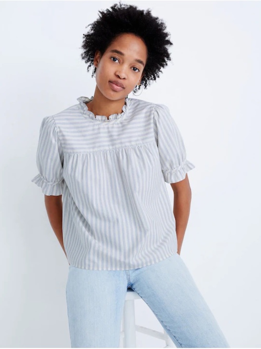 Madewell Ruffle-Yoke Striped Puff-Sleeve Top - Light Gray & White XL